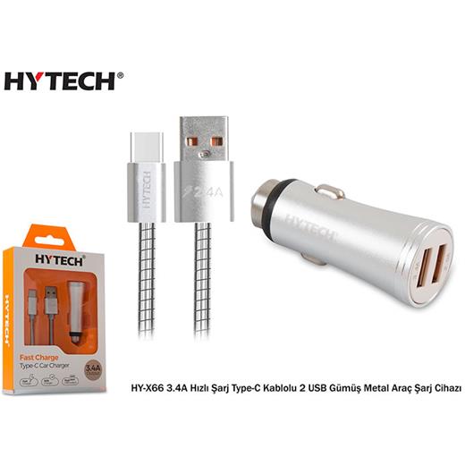 Hytech Hy-X66 3.4A Hızlı Şarj Type-C Kablolu 2 Usb(Tel Kş Hy-X66 Gümüş)